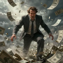 Corporate greed personified evil money raining, obsession, digital painting, artstation
