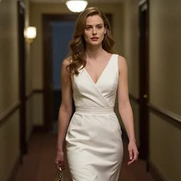 Live Action Still of a woman in white is walking hallway at night, real life, film still