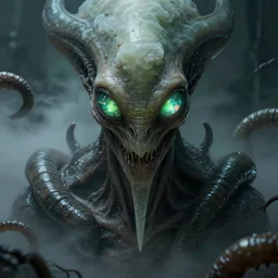 grotesque alien beast with long forehead. green semitransparant cloudy glowing faceted eyes. high quality photorealistic 4 k, hyperrealism, volumetric fog, serious, dark, scary, fear, intricate concept art of h. r. giger, symmetric, horror, kaiju looking down worms - eye - view