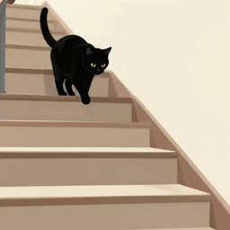 looking down a flight of stairs at a black cat, digital illustration, artstation, artstation hq, hd