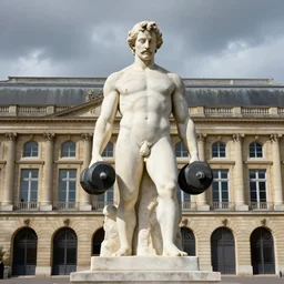 in front of la place de la Bourse in Bordeaux, the statue in marble of a crossfitter with a mustache holding a dumbell, mattepainting, beautiful, detailed, global illumination, dramatic sky, realistic