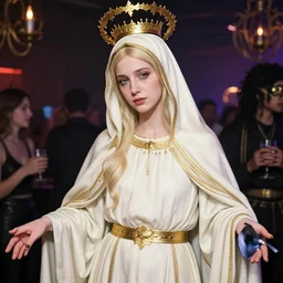 a highly detailed and realistic photo of the virgin mary cosplay on a satansite party, artstation, 4 k, correctly anatomy, good light