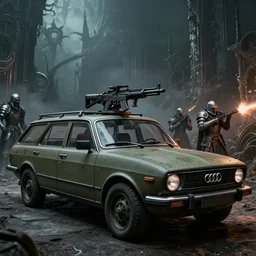 Armored and Armed Military Audi 80 B3 Avant (1988) with a mounted M249, Dark Souls 3, Eldritch Horrors, Wretched and Corrupted Knights, gunshots fired, a grim fantasy, Anor Londo, dramatic lighting, cinematic, establishing shot, extremely high detail, photorealistic, cinematic lighting, artstation, by simon stalenhag
