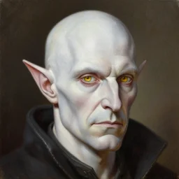 a detailed matte head - on portrait painting of an middle - aged tiefling nobleman with white skin, golden eyes and short well kept hair, by charlie bowater, lise deharme, wlop, tending on arstation, dungeons and dragon, dnd, pathfinder, fanart, oil on canvas