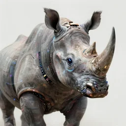 an anthropomorphic rhinoceros portrait wearing a part cybernetic body, surrealism , scifi, intricate mecha armor, elegant, highly detailed cybernetic body, neon glowing eyes, digital painting, artstation, concept art, smooth, sharp focus, illustration, art by Artgerm and moebius and Peter Mohrbacher