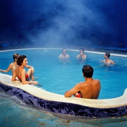 happy people, the vintage swimming pools, velvet fog, deep blue mood, colorful, contemporary archival color photograph print from the original negative, by stanley kubrick