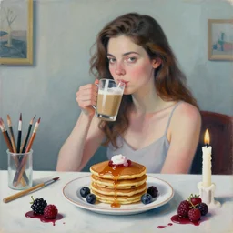 “ sensual, a portrait in a female art student ’ s apartment, pancakes, woman drinking an iced latte from a painting, berries, art supplies, a candle dripping white wax, berry juice drips, neo - expressionism, surrealism, acrylic and spray paint and oilstick on canvas ”
