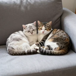 cats snuggle on a couch wide angle