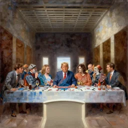 Trump staffers dinner at the White House painted by Leonardo Da Vinci in the style of The Last Supper , concept art, oil painting, 8k, highly detailed, artstation