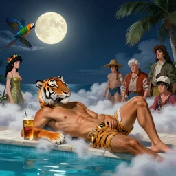 masterpiece portrait of a ( ( ( una cerveza ) ) ), ( ( guapo joven cuban macho with a tiger head reclining poolside ) ), nubes y magia, la luna, parrot, concept character, by greg rutowski and tezuka and oi and mucha and bierstadt and remington, trending on artstation