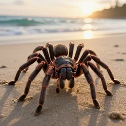 a closeup photorealistic capture of giant tarantula ant hybrid walking on the beach during sunset. surf. bright scene. fine detail. this 4 k hd image is trending on artstation, featured on behance, well - rendered, extra crisp, features intricate detail, epic composition and the style of unreal engine.