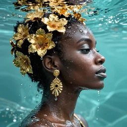 hyperrealistic post - futurist cinematic very expressive! profile black oshun goddess, in water!! up to shoulders, mirror dripping droplet!, gold flowers, highly detailed face, digital art masterpiece, smooth eric zener cam de leon, dynamic pearlescent turquoise light, low angle uhd 8 k, sharp focus
