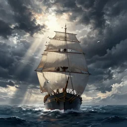 ship from one piece sailing, dynamic sky, storm sky, with light piercing through stormy clouds, birds near the ship, rough sea, crepuscular rays, volumetric lighting, pixiv art, cgsociety, highly detailed, anime art, greg rutkowski, symmetrical, artgerm, wlop, anime art