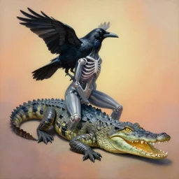 painting of hybrid between crow & crocodile, intercrossed animal, mixture animal, by tiffany bozic, by zdzislaw beksinski, organic, logical anatomy, cold hue's, warm tone gradient background, concept art, beautiful composition, digital painting,