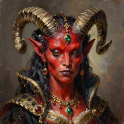 painted close - up portrait of a very attractive red - skinned intimidating demon alien queen with ram horns! oil painting, wearing a noblewoman's outfit, fantasy art by john singer sargent and gaston bussiere and james jean and greg rutkowski, demon noble character design, hd