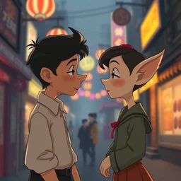 style of wong kar - wai and in the mood for love, background in 7 - 1 1 store, background blur, two cartoon sprites talking with each other, cinematic, movie scene, high details, romantic