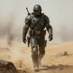 a detailed painting of an armoured post apocalyptic man in a helmet walking around a sandy foggy wasteland. hd. 1 9 5 0 s painting style.