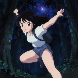 takashi murakami, anime key visual, young woman traveling in a forest at night, night sky, very dark, cute face by ilya kuvshinov, yoh yoshinari, dynamic pose, dynamic perspective, rounded eyes, kyoani, smooth facial features, dramatic lighting, tatami galaxy,