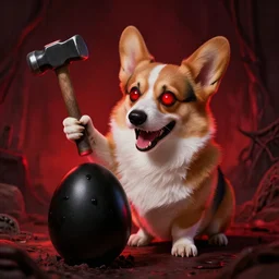 evil corgi doge laughing maliciously as he strikes a hammer against a black egg, horror, lovecraft, eldritch, demonic, wicked, creepy red lighting, glowing red eyes