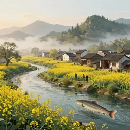 ancient chinese village, villagers, landscapes river mountains, canola dawn fog forests, trending on artstation pinterest, arnold vray octane, 8 k, acipenser dabryanus