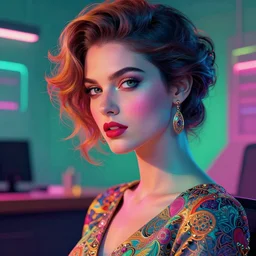 female # in office dress, illustrated by greg rutkowski and gaston bussiere #, 3 5 mm lens, beautiful macro close - up imagery, vibrantly lush neon lighting, beautiful # volumetric - lighting - style atmosphere, a futuristic atmosphere, intricate, detailed, photorealistic imagery, trending on artstation, 4 k, 8 k