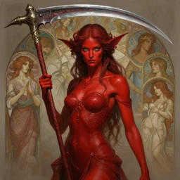 stunning goddess of death portrait, red skin, scythe, fantasy, intricate, elegant, highly detailed, digital painting, artstation, concept art, smooth, sharp focus, illustration, art by krenz cushart and artem demura and alphonse mucha and tony sandoval and luis royo