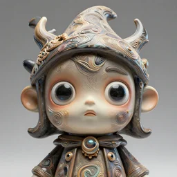portrait of funny giant cute eyes ceramic doll wizard, intricate abstract. intricate artwork, by tooth wu, wlop, beeple, dan mumford. concept art, octane render, trending on artstation, greg rutkowski very coherent symmetrical artwork. cinematic, key art, hyper realism, high detail, octane render, 8 k, iridescent accents