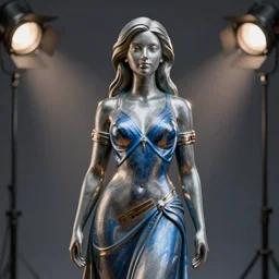 statue of a perfect woman, blue, grey anodized aluminium ( desgined by porsche ), studio photo, octane render, studio lights, macro lens