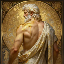 painted back portrait of rugged zeus greek god by greg rutkowski craig mullins artgerm alphonse mucha, dripping molten streaks of gold, white hair handsome muscular upper body mature flowing robe [ ancient greek motifs ] background fantasy intricate elegant detailed digital painting concept art artstation sharp focus illustration
