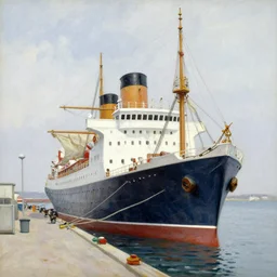 a master gouache painting of a big ship docked at the harbor, central composition, shape obvious, sharp focus, very detaied, by gustave caillebottet