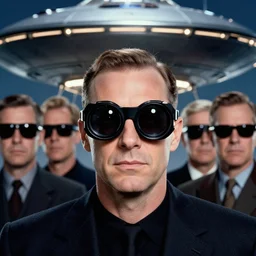 closeup portrait of Men in Black, 1950s, UFO, depth of field, zeiss lens, detailed, symmetrical, centered, fashion photoshoot, by Annie Leibovitz and Steve McCurry, David Lazar, Jimmy Nelsson, Breathtaking, 8k resolution, extremely detailed, beautiful, establishing shot, artistic, hyperrealistic, beautiful face, octane render