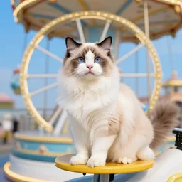 !!! cat!!!, ( ferris wheel ), feline, sitting, riding, award winning photo, ragdoll cat,