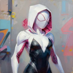 greg manchess portrait painting of partially armored spidergwen as overwatch character, medium shot, asymmetrical, profile picture, organic painting, sunny day, matte painting, bold shapes, hard edges, street art, trending on artstation, by huang guangjian, gil elvgren, ruan jia, greg rutkowski, gaston bussiere