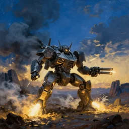 an armored core v by kashin, wadim, booster flares, legs, laser rifles, karst landscape, very smoky, dark blue sky, cloud, wilderness ground, golden time, twilight ; wide shot, oil painting, dynamic contrast, dynamic backlighting, sharp edge, motion blur