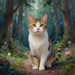 high detail beautiful female anthropomorphic cat character in a painting of a path leading to a mystical forest full of wonders, pine trees, magical atmosphere, trending on artstation, 30mm, by Noah Bradley trending on ArtStation, deviantart,  stylized portrait H 704