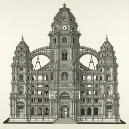 extremely long and complex impossible structure by woodblock print, nicolas delort, moebius, victo ngai, josan gonzalez, kilian eng