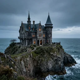 a haunted mansion on a cliff overlooking the ocean, high quality
