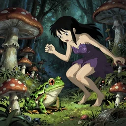 scary godlike fairy killing a frog in a detailed mushroom village, horror , superb Resolution , art style of junji ito, cel animation , masterpiece , post-processing , intricate , hyper realistic anime , perfect pixel art , matte painting , vibrant colors
