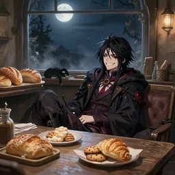 grinning bloodborne hunter relaxing in a cozy yharnam coffee shop, surrounded by bread, cookies, and pastry, moonlight streaming through the window, faint dust in the air