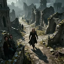 a badass rogue walking through the eldritch ruins of a medieval town, top down, photorealistic movie still by michael komarck, greg rutkowski, victo ngai, artgerm, willem claesz heda and j. dickenson