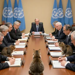 a picture of a meeting with senior un officials, but they are cats