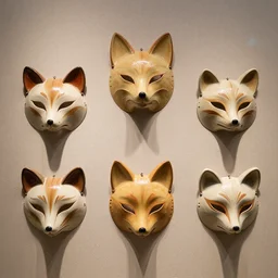 Ceramic fox masks hanging in a museum