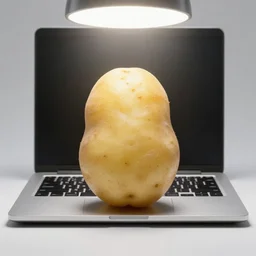 studio photo still of laptop made of a potato, 8 k, studio lighting, overhead lighting