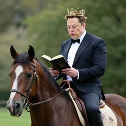 elon musk with a crown riding a horse while reading a book, hd photograph