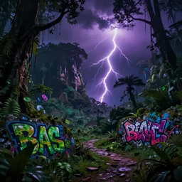 Magic jungle, digital graffiti landscape detailed sci-fi fantasy surreal dark green, black, purple, fuchsia moody lightning, deep shadows HD,