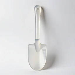 translucent shovel, photorealistic, isolated on a pure white background, centered, entire object in frame, sharp focus, soft studio lighting