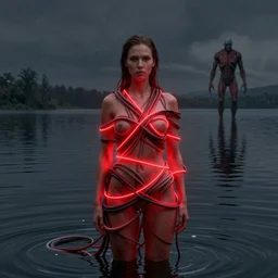 portrait, standing in a lake, woman wrapped around by tubes and cables, glowing red, by edgar maxence and ross tran, zdzisław beksinski, and michael whelan, distant, gustav dore, h. r. giger, 8 k, octane render