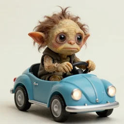 an ugly human looking like gollum, driving in a little toy car