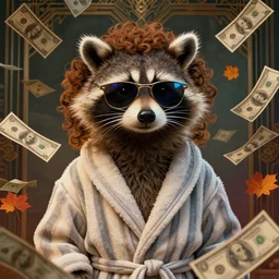 portrait, anthropomorphic racoon, striped bathrobe, curly hair, electric sunglasses, surrounded by floating autumn dollar bills, fantasy, detailed, intricate, luminescent, elegant, coherent, by mandy jurgens, hannah yata and kay sage, donato giancola, detailed, artstation, cinematic lighting, artdeco, art deco outrun aesthetic