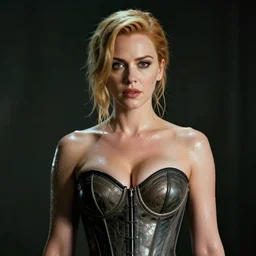 portrait shot of christina hendricks in cyberpunk waring a corset, shiny skin, wet, oily, intricate, elegant, highly detailed, centered, zeiss lens, canon eos, cinematic lighting, photography, film still